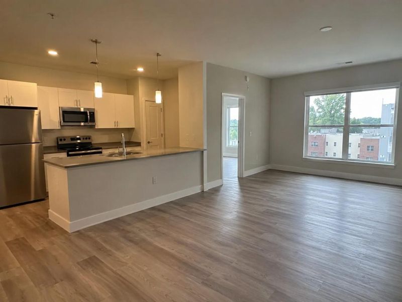 Open-plan apartment unit with freshly painted walls