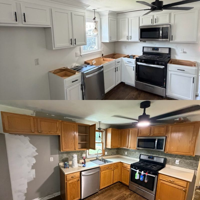 Kitchen cabinets before (oak) and after (painted white)